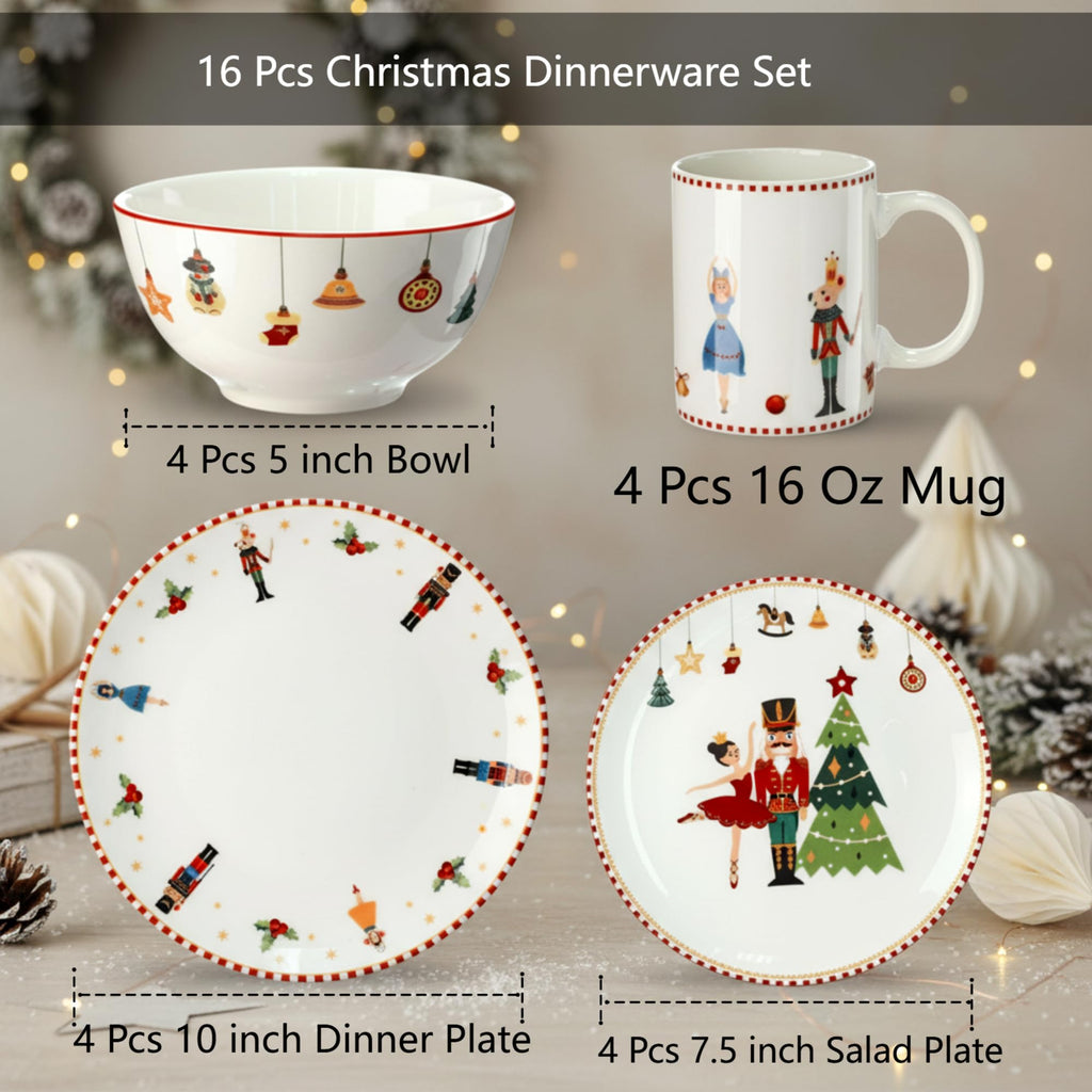 16 Pcs Nutcracker Christmas Dishes Dinnerware Set for 4 Guest