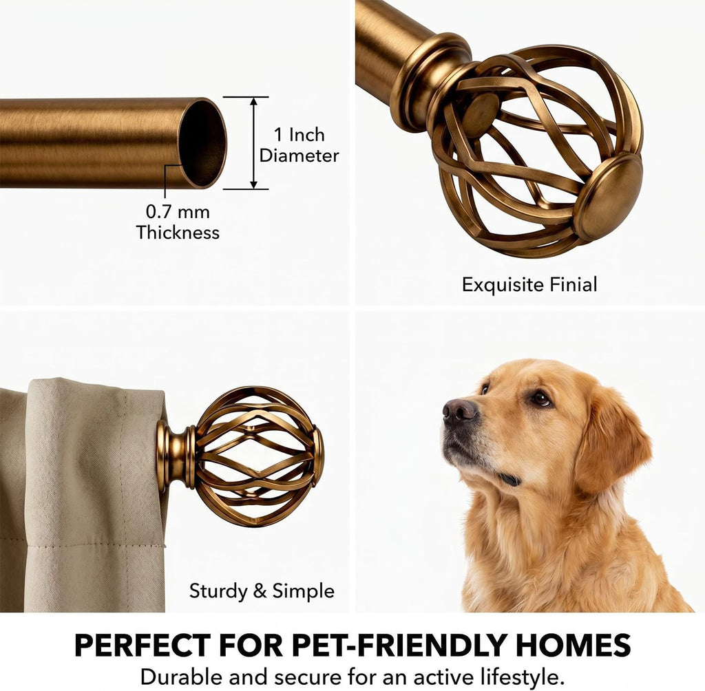 Brass Curtain Rods for Windows 18 to 86 inch, 1 Inch Adjustable Curtain Rod, Heavy Duty Window Curtains Rod for