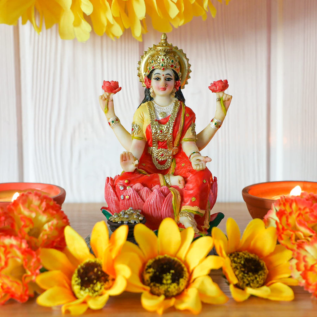 Indian Goddess Lakshmi Statue Figurine - 5.3"H Lakshmi Idols Statue Murti Laxmi Staue Home Office Temple Mandir Pooja