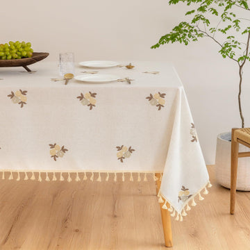 Floral Linen Table Cloth for 8 Foot Rectangle Table Brown Flower Pattern Embroidered Tablecloth Cream Colored Fabric