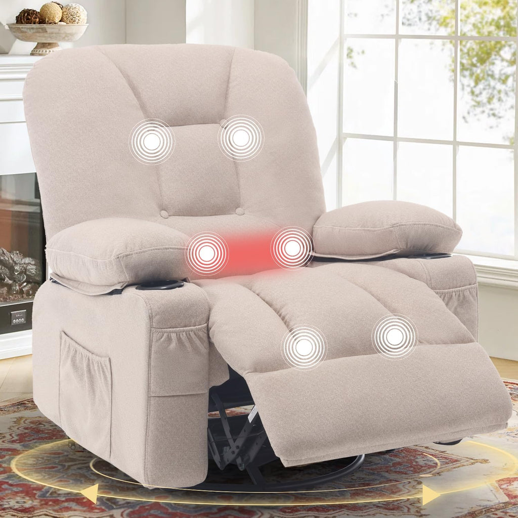 Rocking Recliner Chair with Massage Heat, Beige | Overstuffed Rocker Swivel Glider Sofa, Manul, Fabric, Living Room