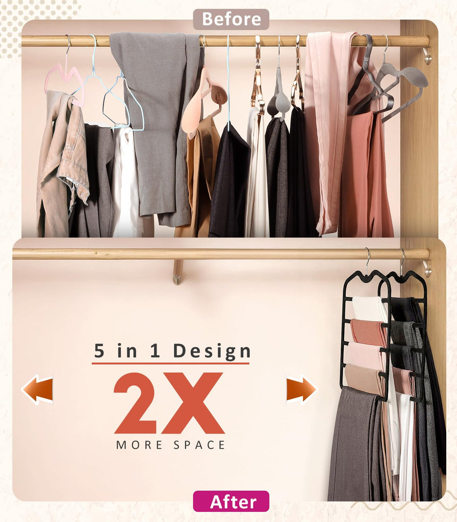 Pants Hangers Space Saving, 5 Pack 5 Tier Velvet Short Neck Pants Hangers