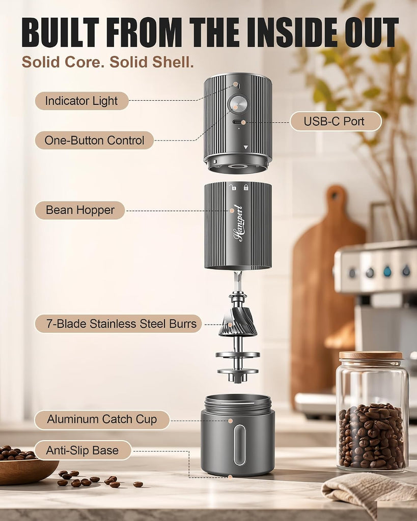 Upgraded Faster Electric Coffee Grinder, Stainless Steel Burrs, Gray | Cordless Coffee Mill, 1600mAh Rechargeable