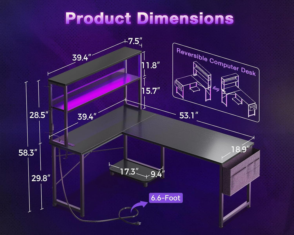53" L Shaped Gaming Desk with Shelves, LED & Outlets, Black | Hook for headset, bag for gear. Shelves for books &