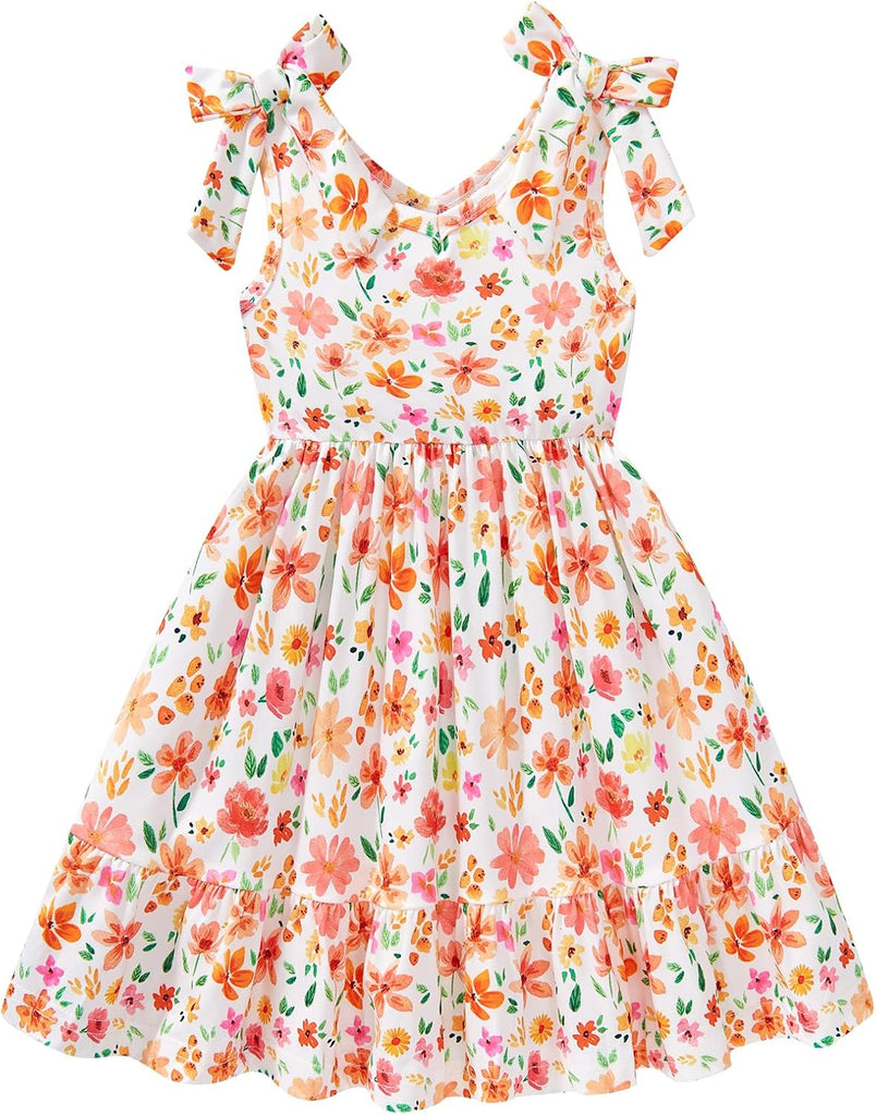 Toddler Girls Summer Dress Bow-Tie Straps V Neck Party Dresses Cute Floral Printed Sleeveless Beach Sundress