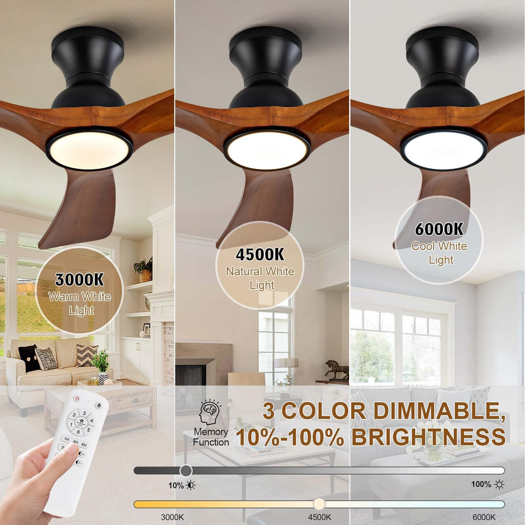 42 inch Flush Mount Ceiling Fans with Lights, Remote Control, Wall Switch, Solid Wood Blades, Dimmable, 6 Speeds