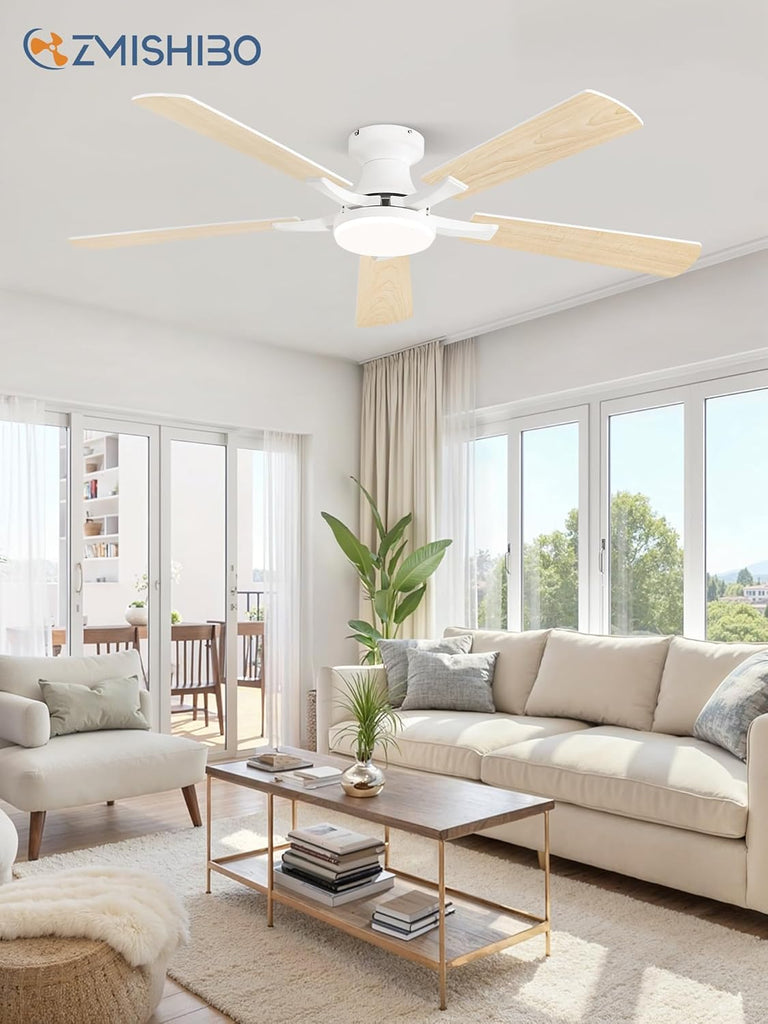 52 Inch Ceiling Fan with Light, App&Remote Control, Flush Mount Low Profile, Dimmable 20W LED Light, Quiet Reversible Motor for Bedroom, Living Room, Apartment, White A101-B0DPH9L7M1