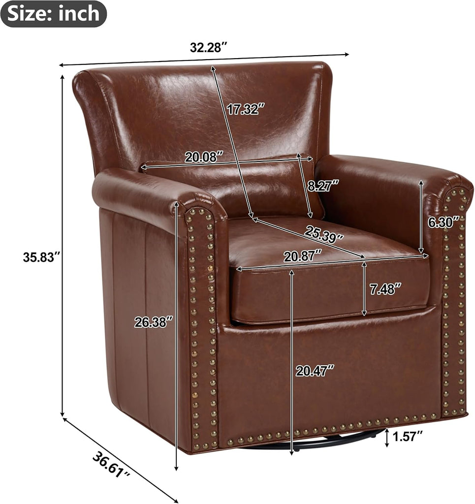 360° Swivel Accent Chair, Genuine Leather Swivel Barrel Chair, Brown
