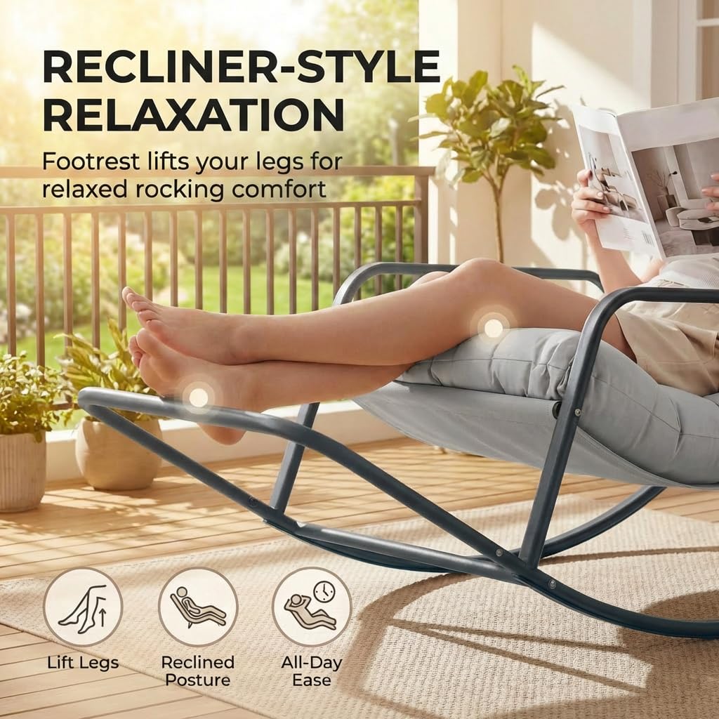 Oversized Outdoor Lounge Rocking Chair with Footrest, Grey