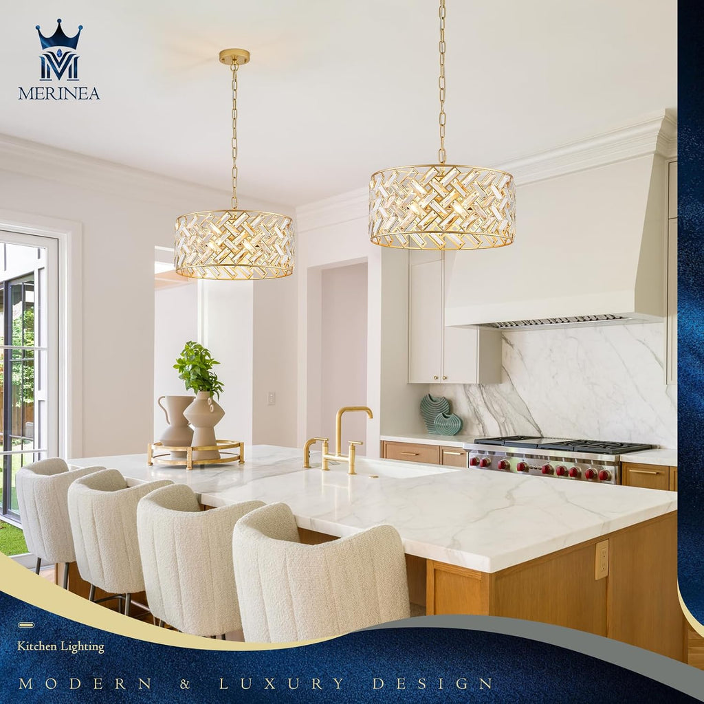 Gold Crystal Chandelier, 18" Modern Drum Ceiling Light Fixture, Luxury 6-Light K9 Crystal Pendant Lighting