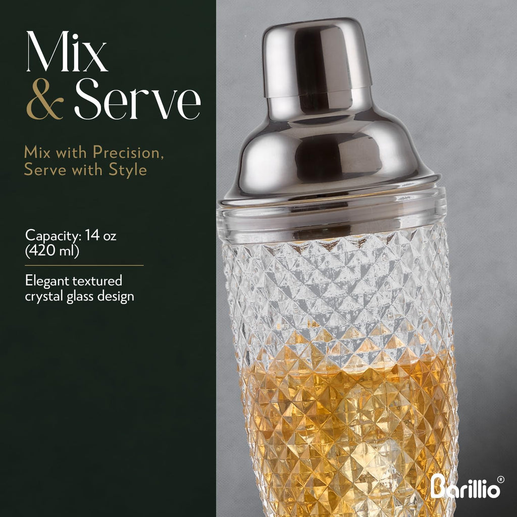 Glass Cocktail Shaker Set | 14 oz Cobbler Mixer with Bar Tools | Bartender Kit with Measuring Jigger, Mixing Spoon