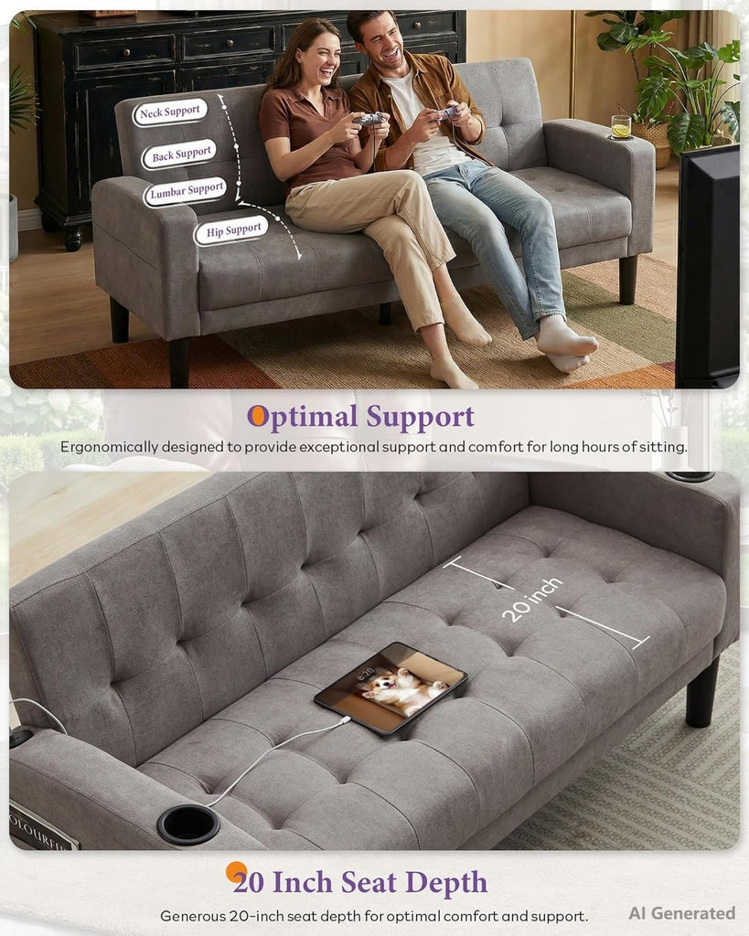 Sofa Couch, Living Room Furniture Sectional Sofa Sets 3 Pcs, Tufted Mid-Century Loveseat w/USB, Cupholders & Comfy