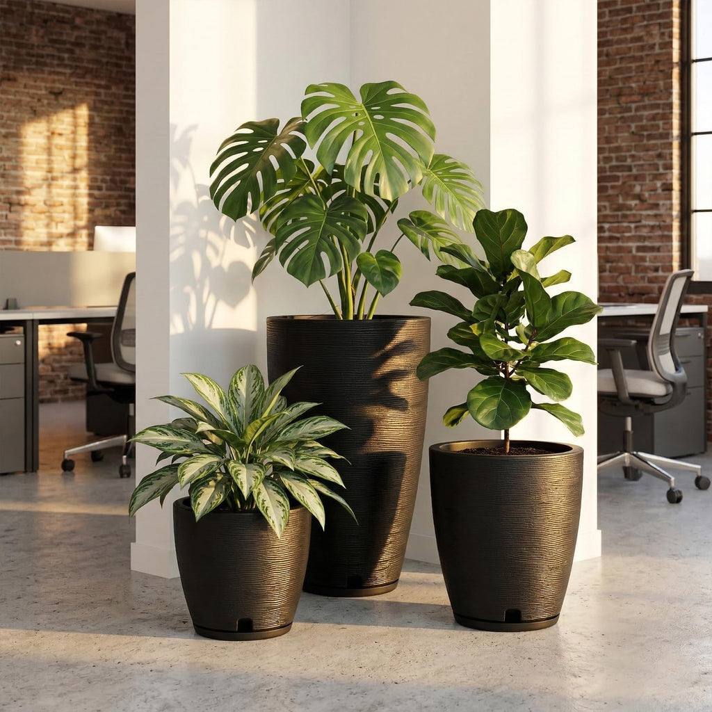 Set of 3 Black Planters for Indoor Outdoor Plants, 11/17/25 Inch Plant Pots with Drainage Hole and Saucer and Front