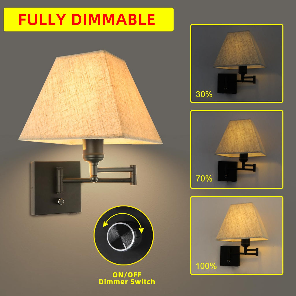 13" Modern Swing Arm Wall Lamp Plug in Wall Sconce with USB and Type-C Port Wall Mounted Lamp with Dimmable Switch