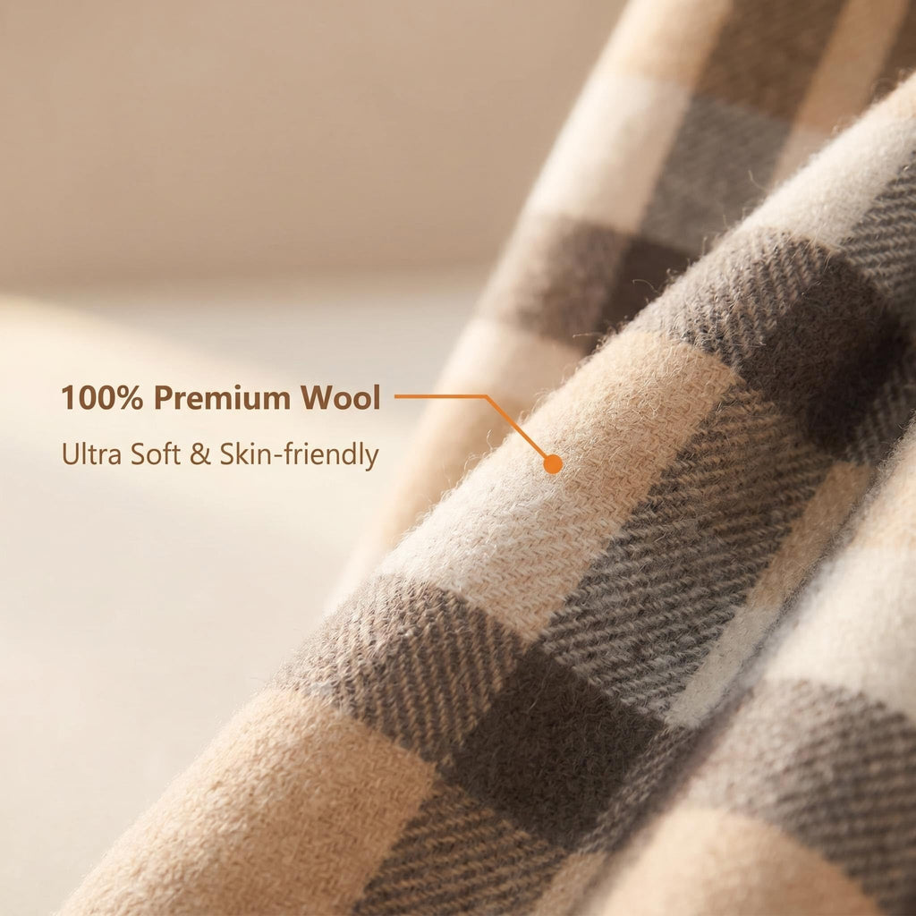 Pure Wool Plaid Throw Blanket, Super Soft Lightweight Home Decorative Throw