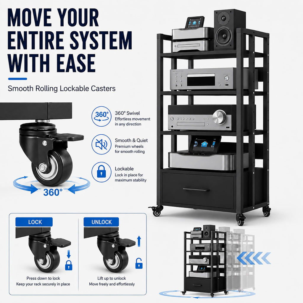 4-Tier Audio Rack with Wheels, AV Media Stand
