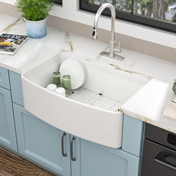 33"x19" White Farmhouse Kitchen Sink - Curved Farm Apron Front White Ceramic Porcelain Fireclay Deep Single Bowl Farm