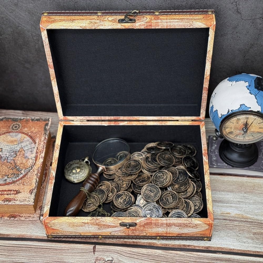 Vintage Wooden Storage Box - Treasure Chest Themed Gift, Keepsake Box for Trinkets, Jewelry, Mementos - Global Decor