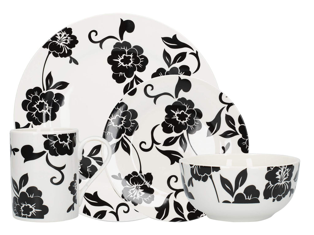 16 Piece Vivienne Dinner Set, Service for 4 Dinnerware Set with Elegant Design, 16 Pieces, Black & White