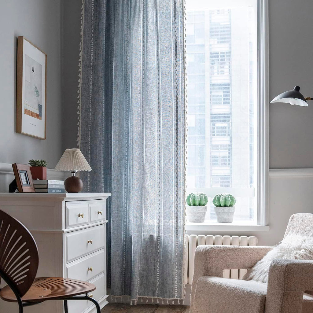 Blue Boho Curtains Linen-Textured Bedroom Light Filtering 84 Inches 2 Panels Farmhouse Embroidered Striped Curtains &