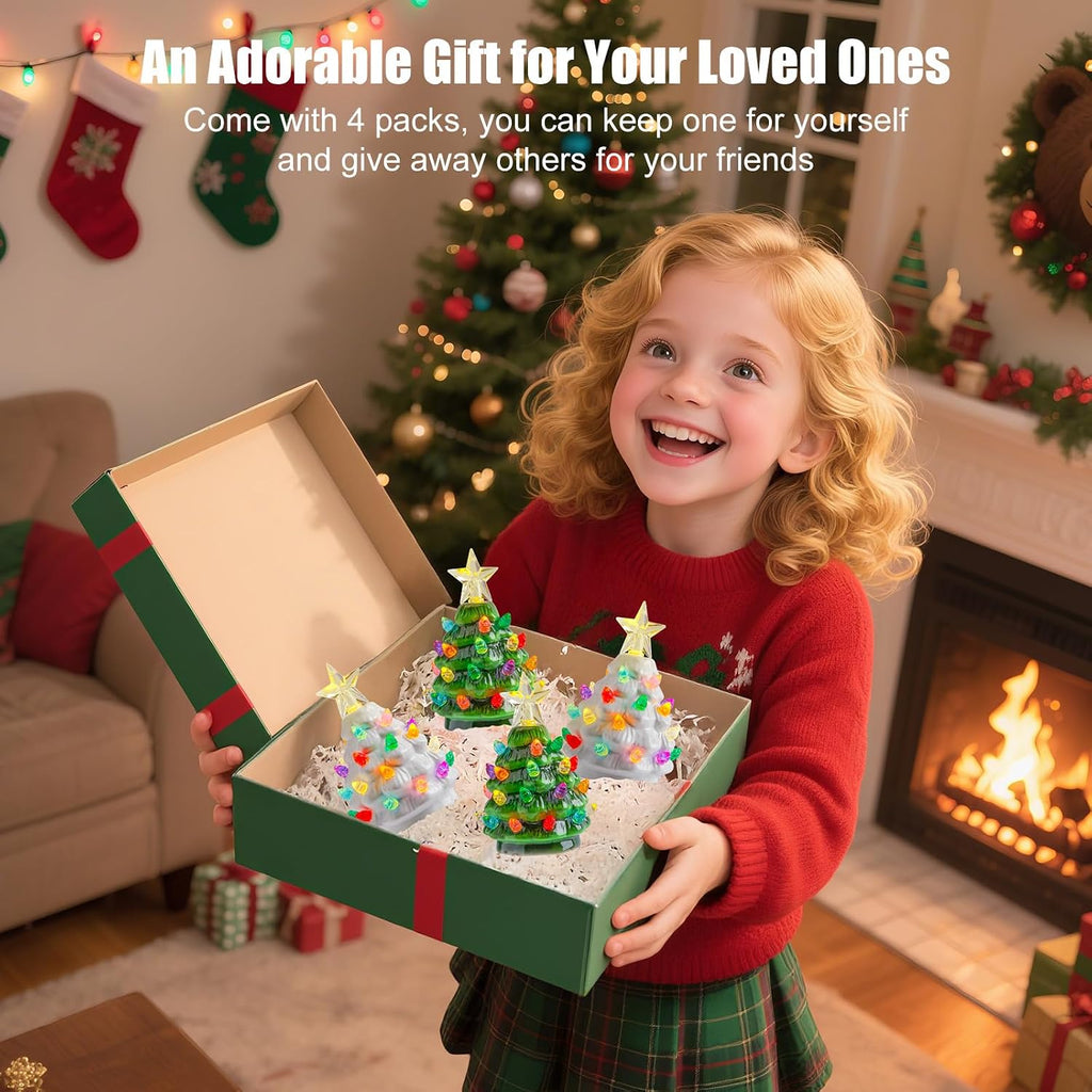 4.3 Inch Mini Ceramic Christmas Tree Set - 4 Pack Tabletop Christmas Tree with Multicolored LED Lights, Battery