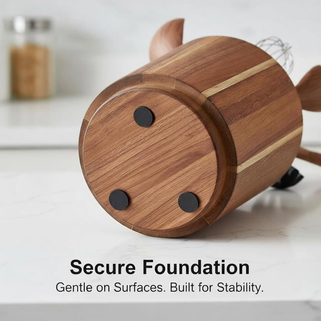 360° Rotating Acacia Wood Kitchen Utensil Holder, Large Capacity Countertop Cooking‐Tool Organizer with Non‐Slip Base