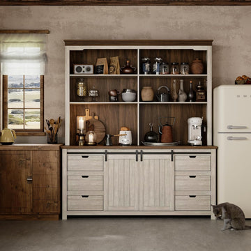 78 * 67" Large Farmhouse Pantry Cabinet with Countertop, Buffet Cabinet,Tall Kitchen Hutch with Partitions and 6