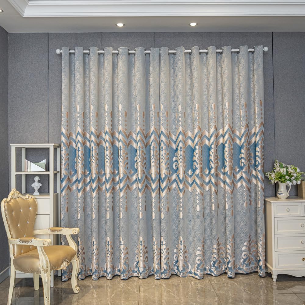 1 Pair European Semi-Sheer Curtains for Living Room Bedroom Embroidered Hollow Luxury Curtains (Blue,52x96 Inch)