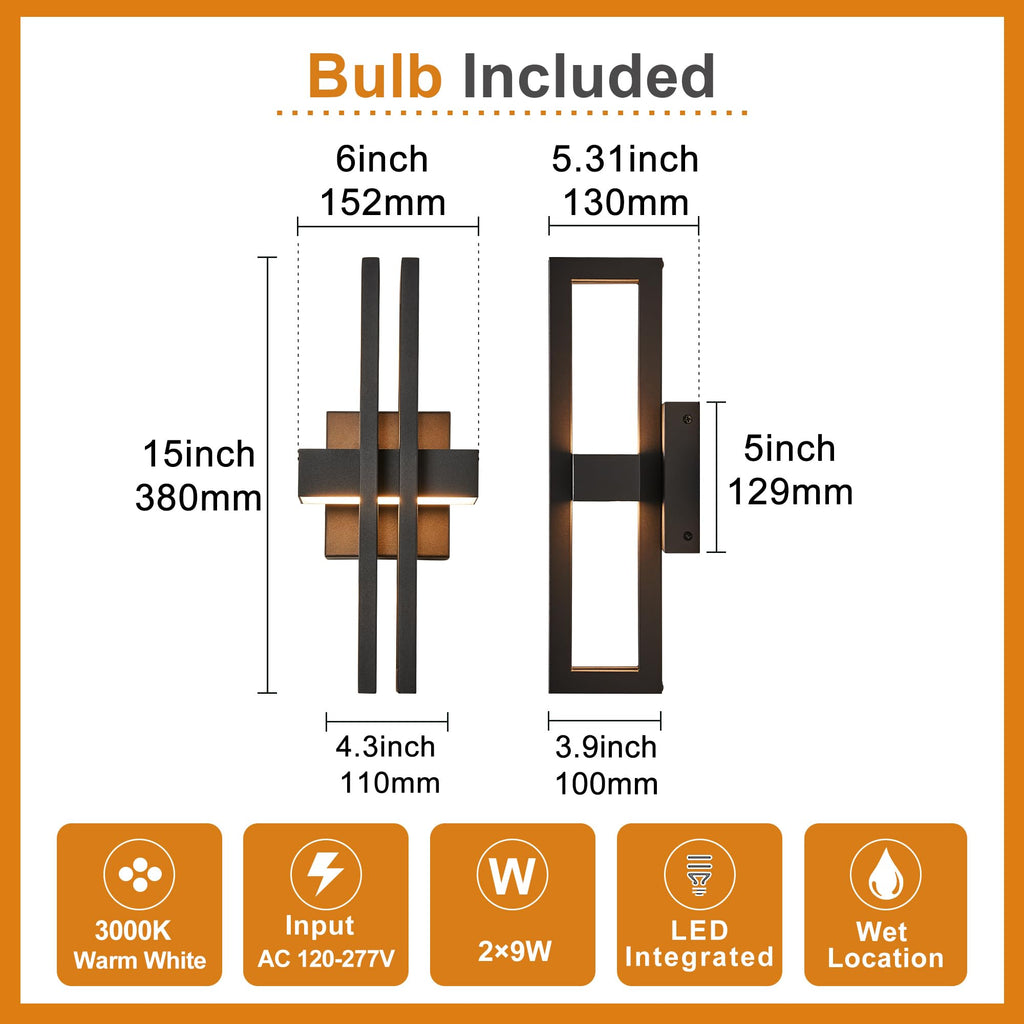 Outside Light 2 Pack, 15Inch Small Black Outdoor Wall Sconce Waterproof Exterior Light Fixture, Modern Wall Mount