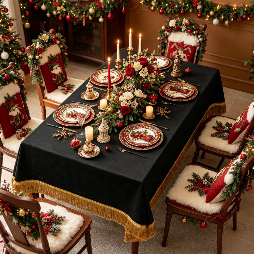 Vintage Black Velvet Tablecloth, Rectangular Retro Table Cover, Plush Velvet with Ornate Gold Tassel Trim, Farmhouse