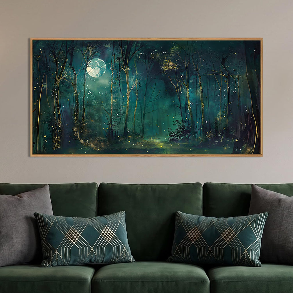 Mystical Dark Green Night Sky Framed Canvas Wall Art Set, Moody Magical Midnight Moon Star Forest Landscape Wall
