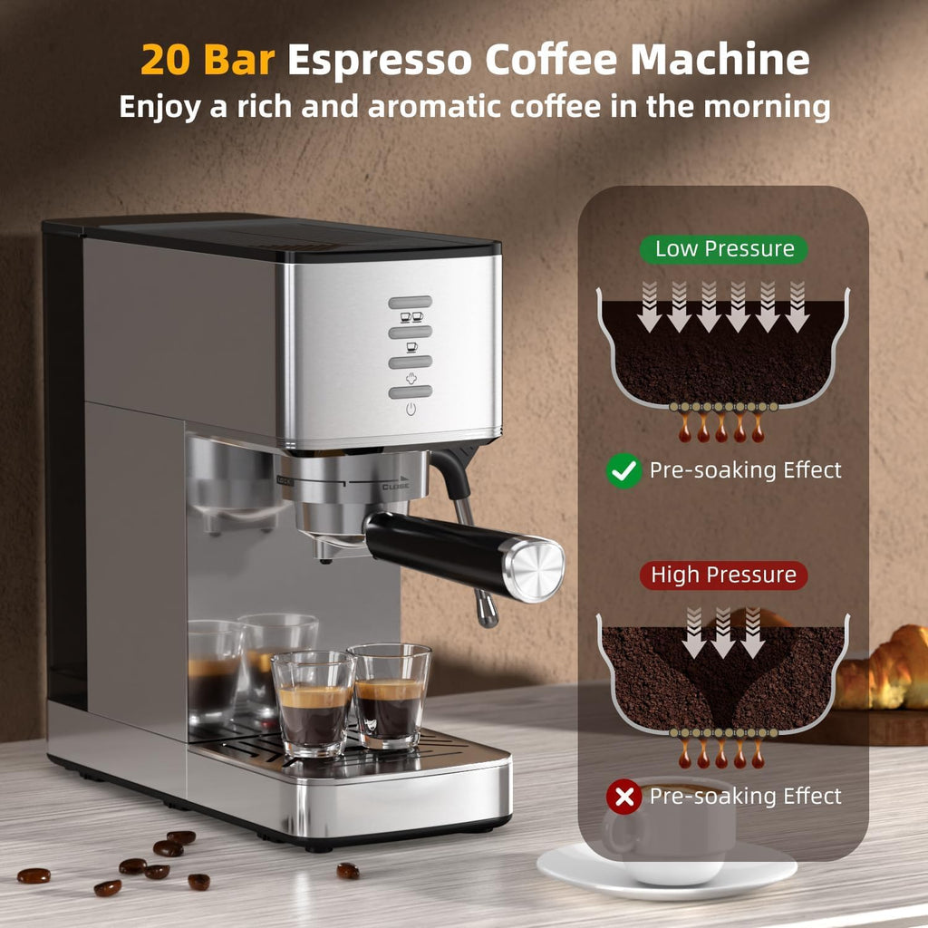 Espresso Machine with Steam Wand | 20-Bar Par Pump, Fast Cold Brew Function, 37oz Removable Water Tank, Stainless