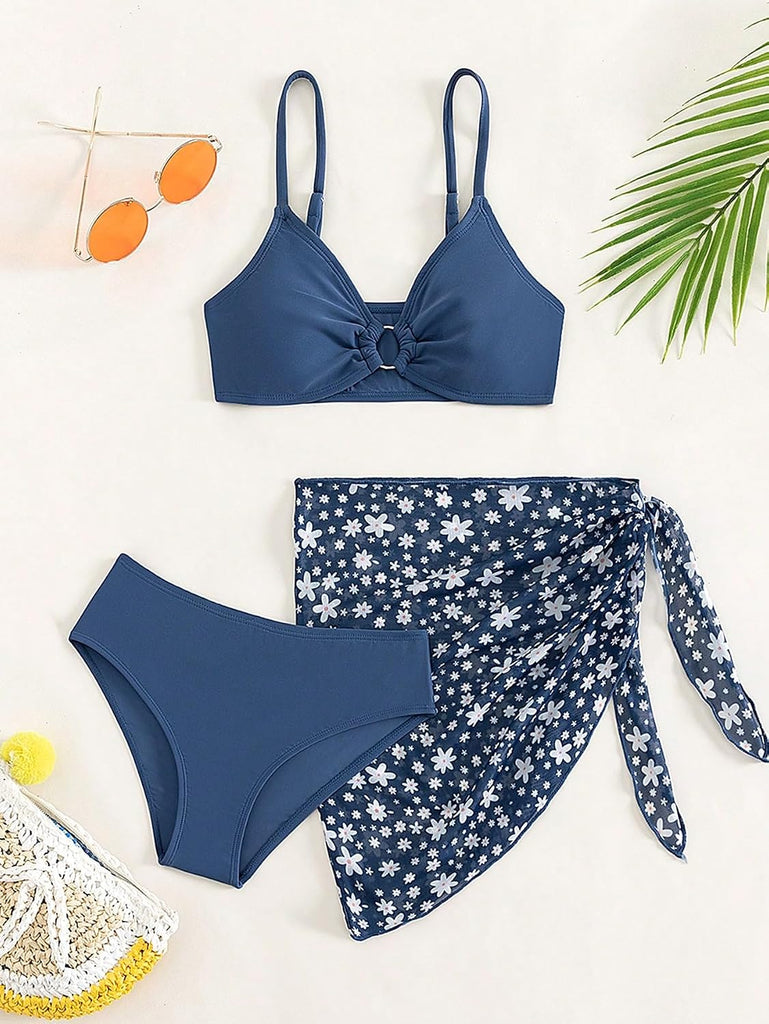 Girl's Cute 3 Piece Bikini Sets Ditsy Floral Beach Skirts Swimsuit