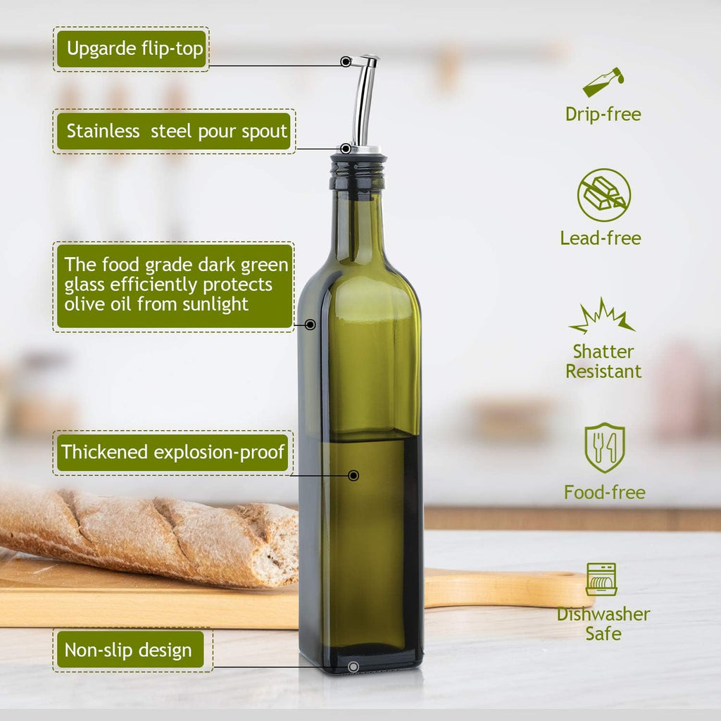 17 oz Glass Olive Oil Dispenser Bottle Set - 500ml Dark Green Oil & Vinegar Cruet Bottle with Pourers, Funnel - Set of 2