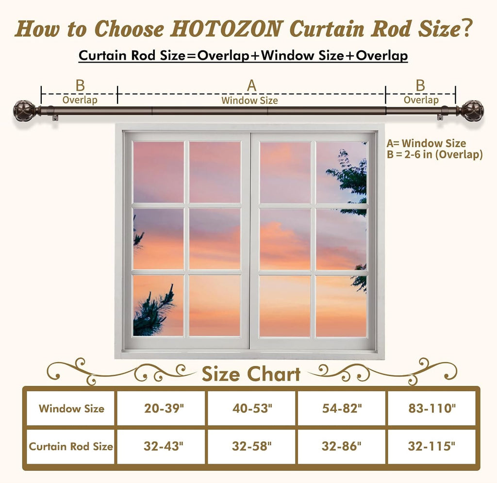 Curtain Rods for Windows 2 Pack 32-58 Inches, Bronze | 6/8" Diameter, 22lbs Weight Capacity, Decorative Adjustable