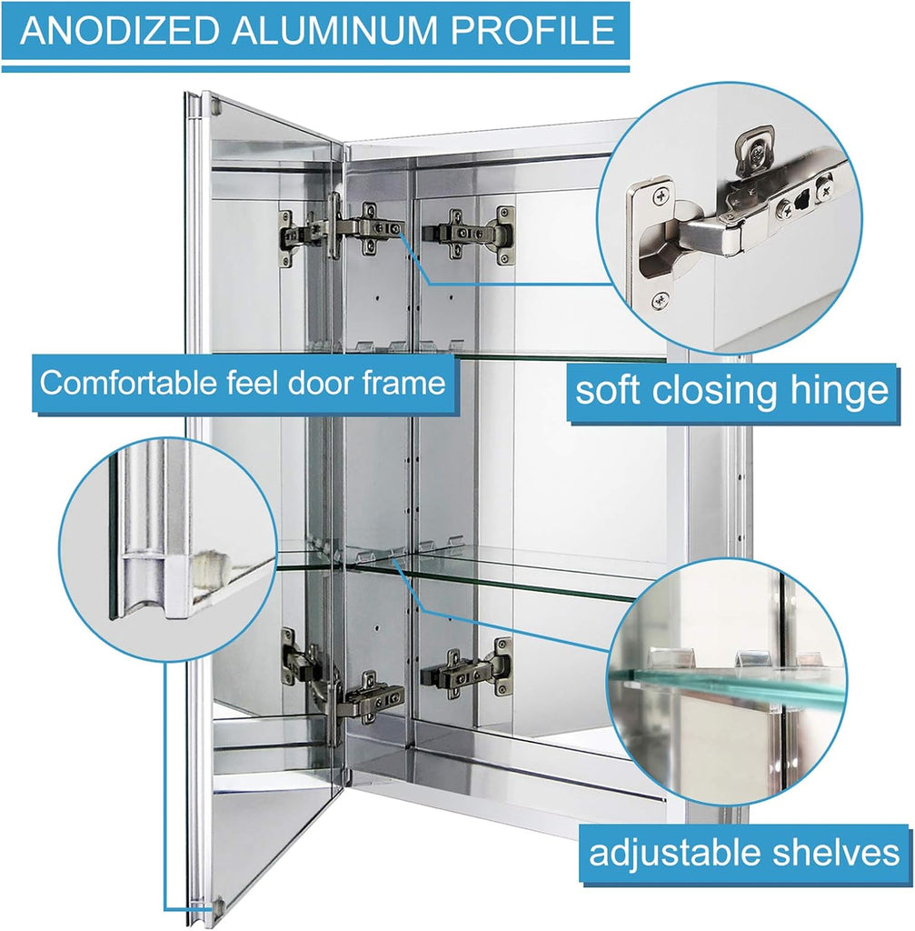 15 x 24 Medicine Cabinet, Recessed Mount Only, Two Adjustable Glass Shelves | In-Wall Medicine Cabinet, Aluminum