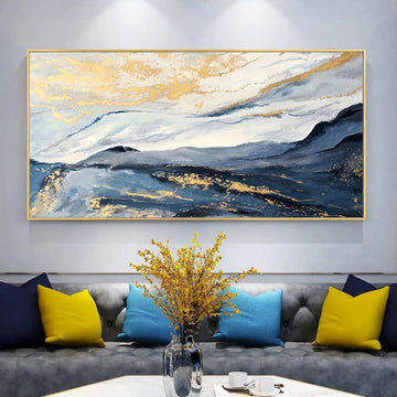 Large Textured Blue & Gold Mountain Framed Wall Art, Abstract Landscape Oil Painting with Gold Foil, Modern Luxury