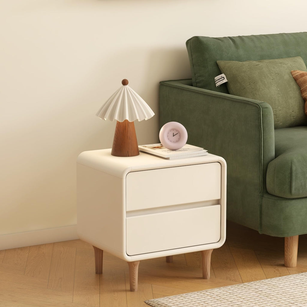 White Wood Nightstand, Solid Wood Night Stand with 2 Drawers, Small