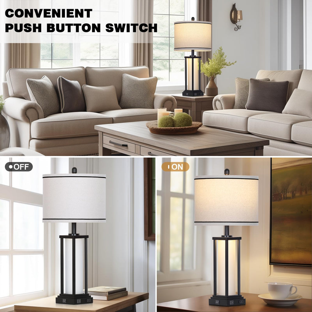 27" Tall Vintage Table Lamp Set of 2 with USB C+A & Outlet, Black Industrial End Table Lamp, Farmhouse Rustic Bedside
