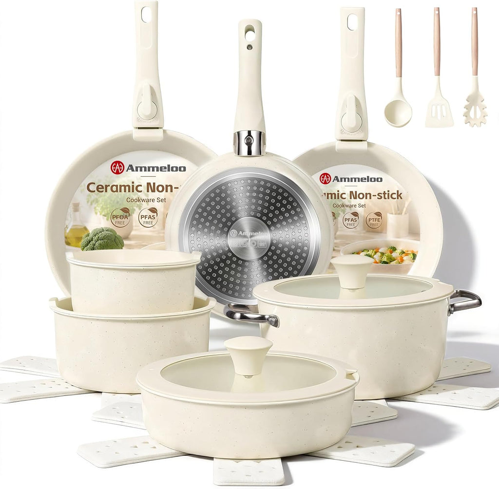 24-Piece Ceramic Cookware Set with Removable Handles, Pots and Pans Set Non Stick, Space Saving, Induction & Oven &