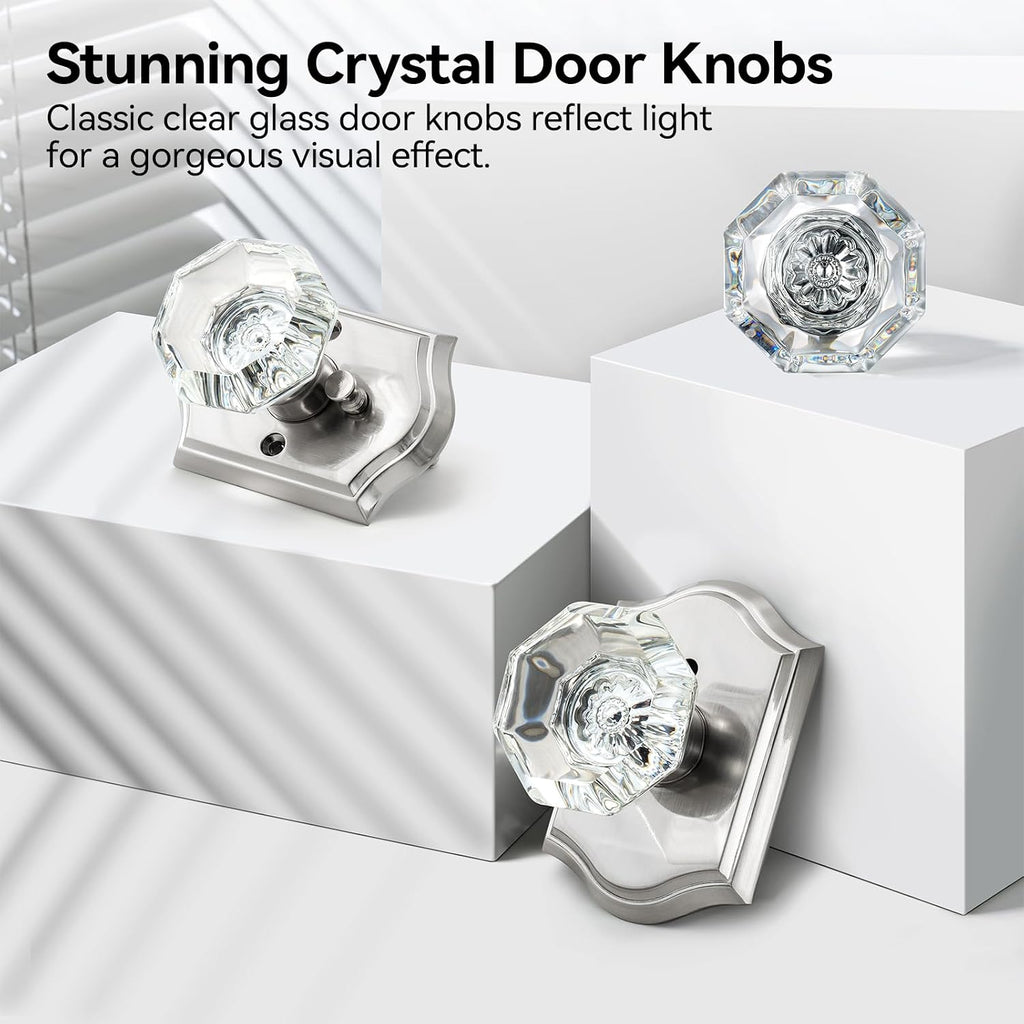 Nickel Crystal Door Knob Interior, Privacy Glass Door Knob, 1Pack