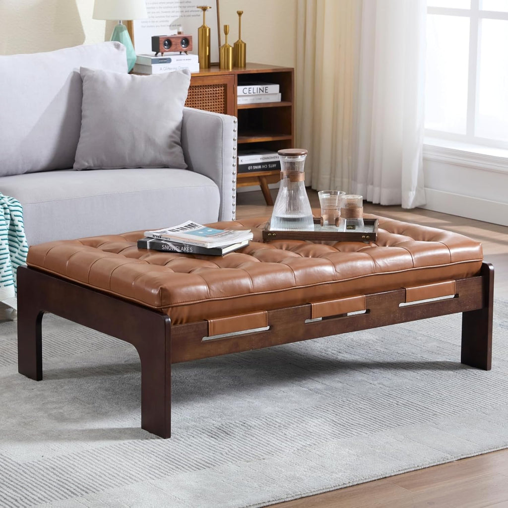 47.75" Large Rectangle Ottoman Coffee Table, Tufted Faux Leather Upholstered Living Room Coffee Table with Solid Wood