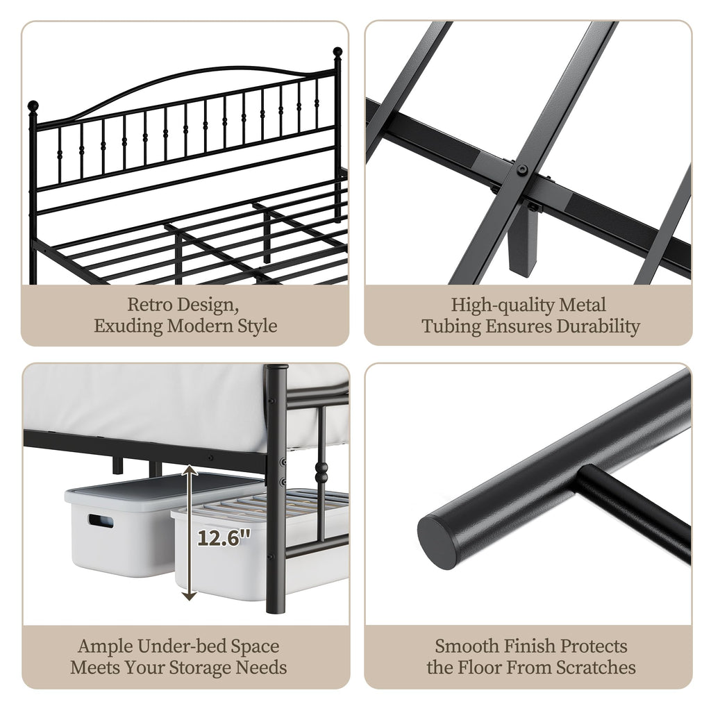 King Size Metal Bed Frame with Vintage Circular Headboard and Footboard, Heavy-Duty Iron Platform Bed, No Box Spring