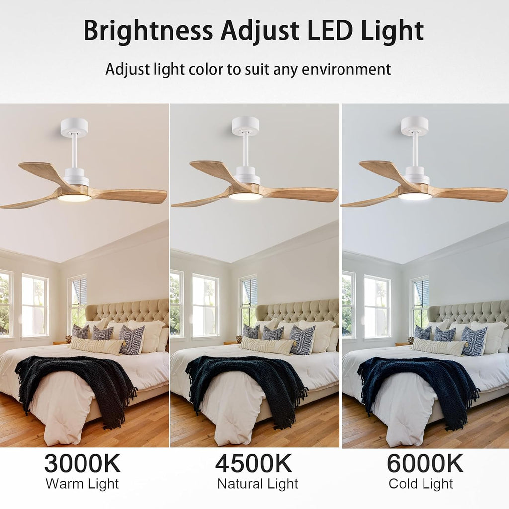 42-inch Quiet 3-Blade Solid Wood Ceiling Fan with Light and Remote Control