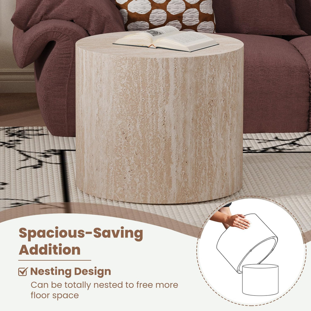 Round Nesting Coffee Set of 2, Wood Side, Travertine