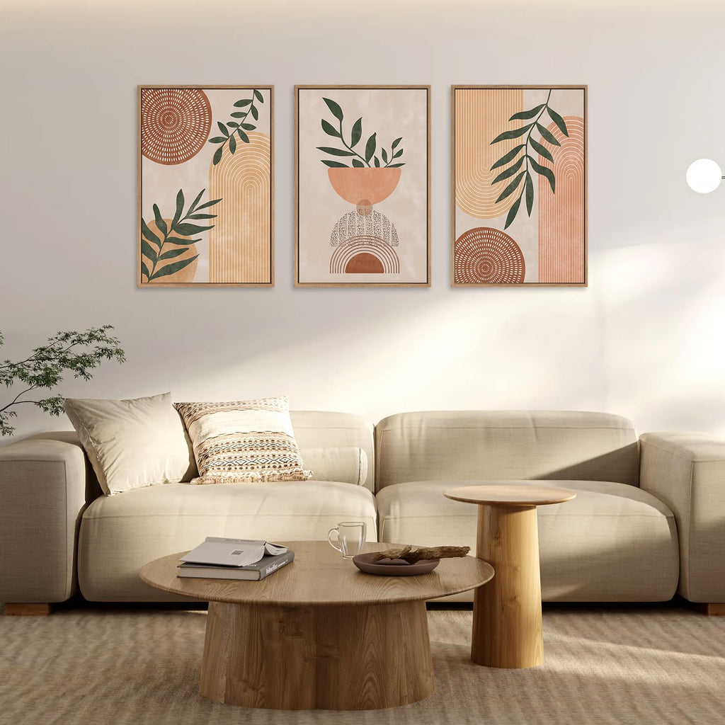 Framed Boho Wall Art Set of 3, 16"x24" Mid Century Modern Wall Decor, Bohemian Sun Geometric Painting, Large Abstract