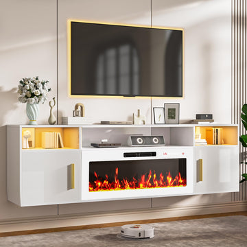 70'' Floating TV Stand with 36" Fireplace, Wall Mounted Entertainment Center with Storage Cabinet and 20 Colors LED