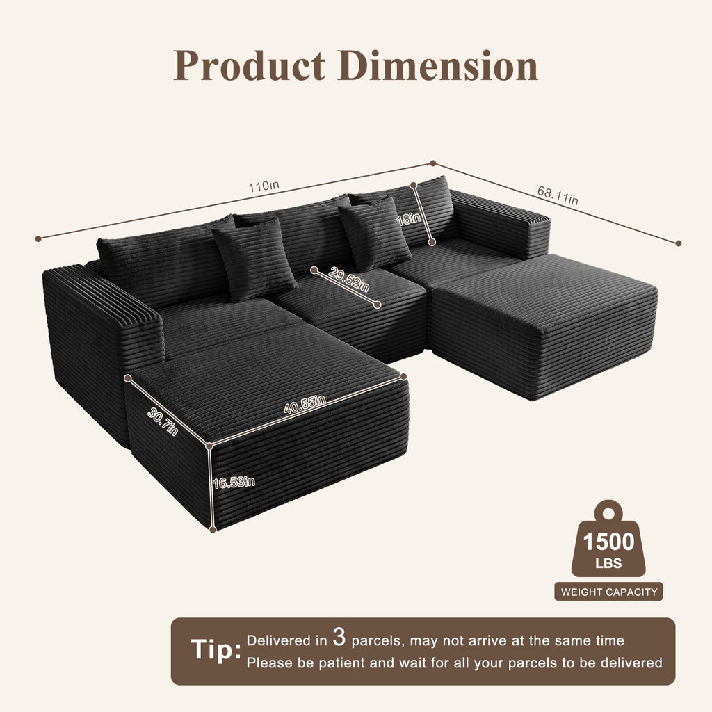 Boneless Couches - 110" U Shaped Modular Sectional Sofa with Ottoman Oversized Deep Seat Corduroy No Assembly Memory