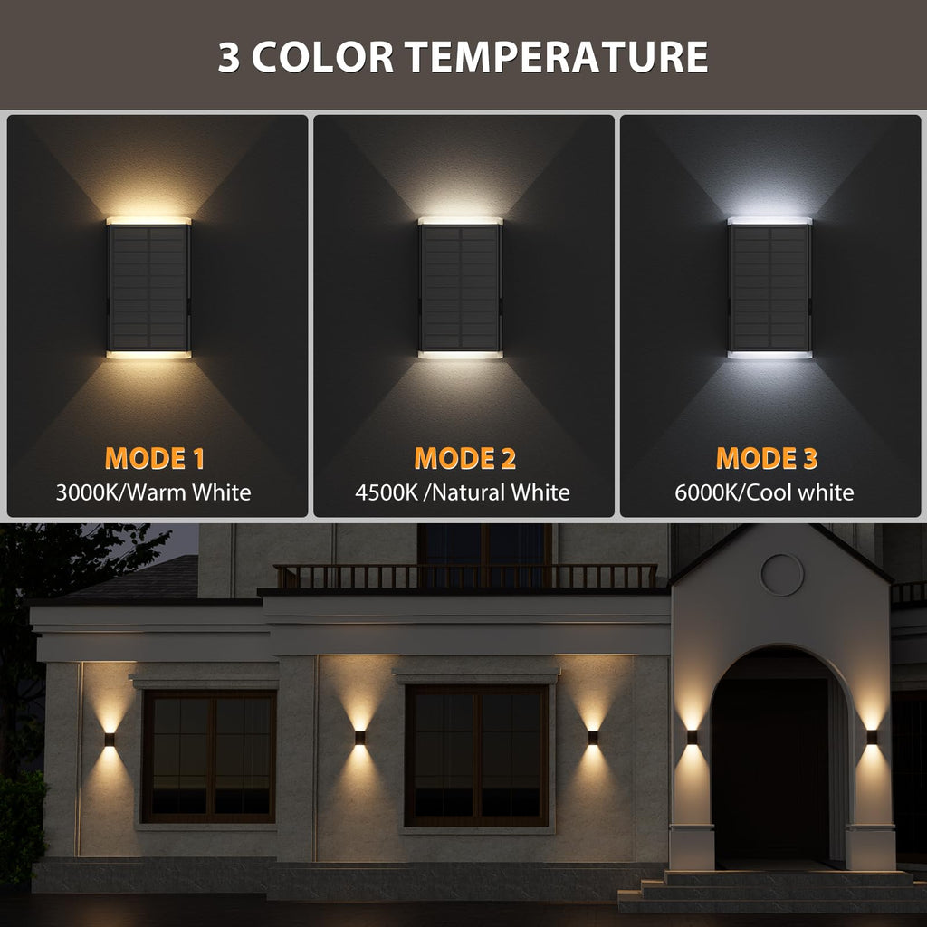 Solar Wall Light Outdoor, 3000/4000/6000K 3 Modes Dusk to Dawn Lighting Wall Sconce IP67 Waterproof Up and Down
