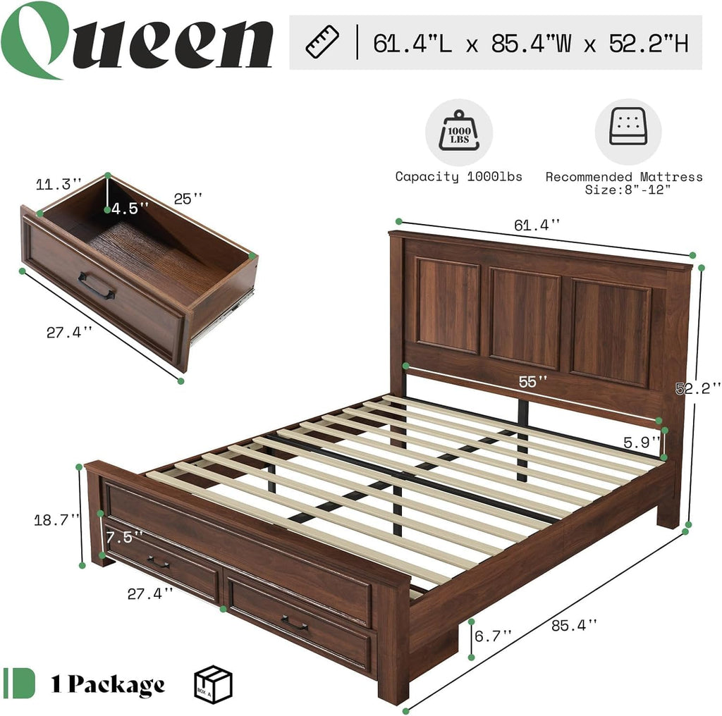 52.2" Farmhouse Bed Frame with Headboard, Rustic Brown